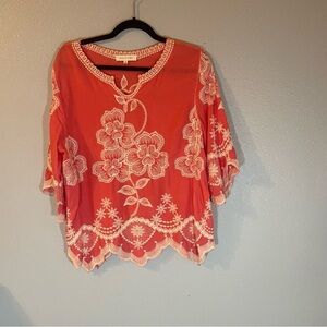 Solitaire Coral Blouse with White Floral Embroidery. Size M. Pre-owned.